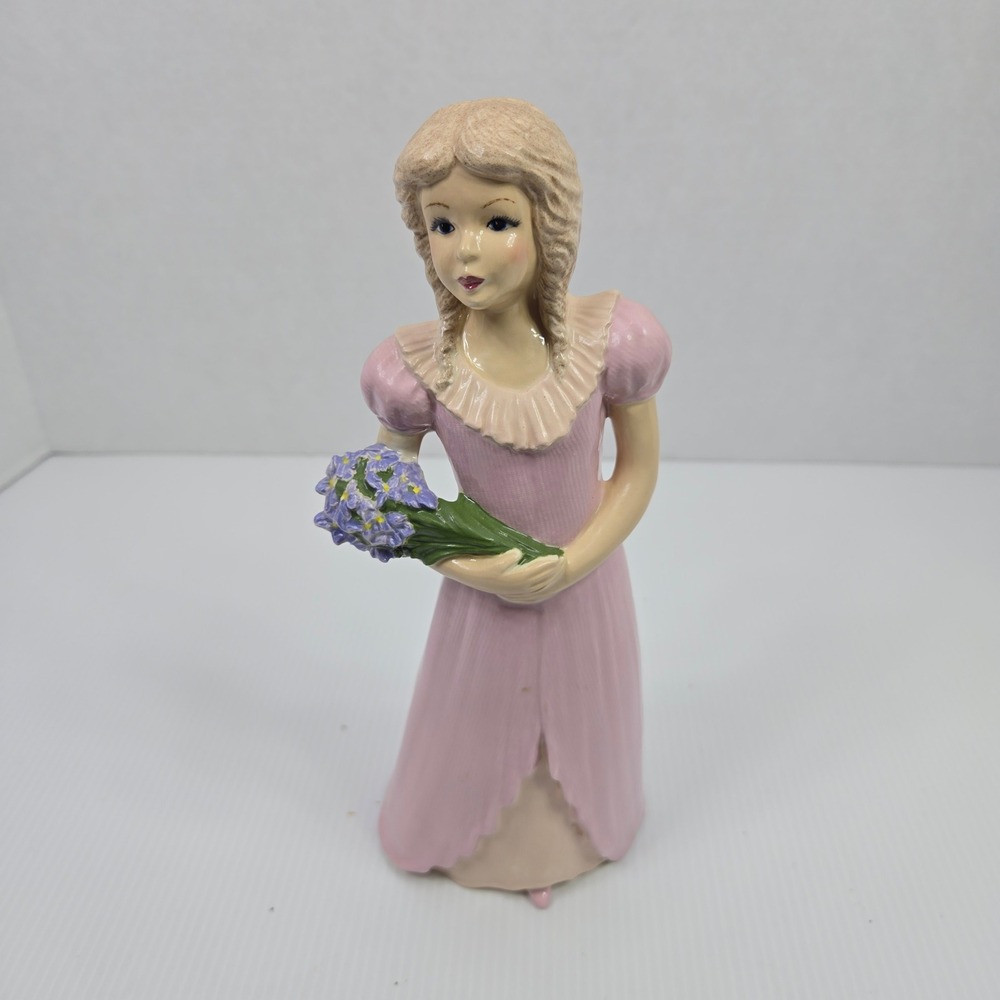 Vintage Style Porcelain Girl Figurine Pink Dress Purple Flowers Braids Decor